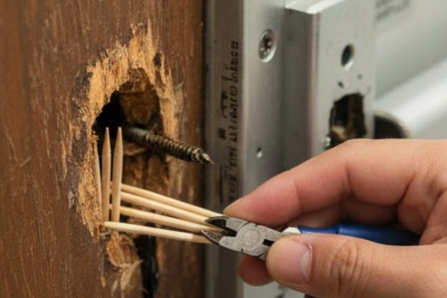 爪楊枝を活用した木製ドアのネジ穴補修テクニック