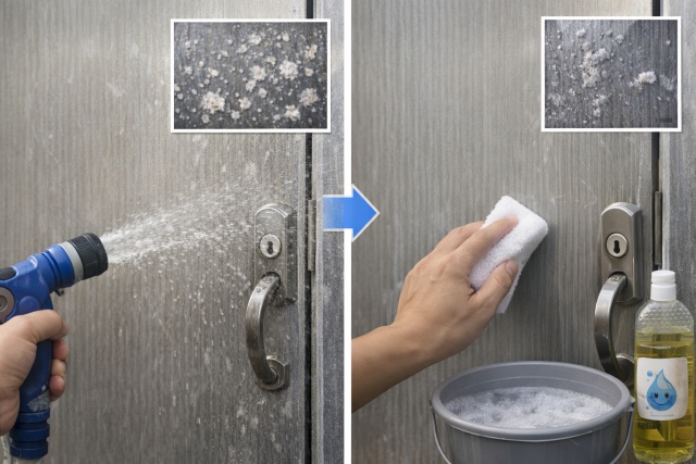アルミ製ドアの白サビ除去と中性洗剤を用いた正しい掃除手順