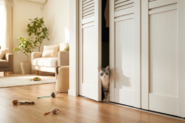 猫や犬がクローゼットの折れ戸を開けるのを防ぐ対策