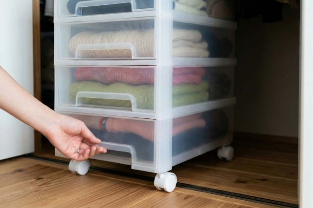 キャスター付き収納ケースで奥の死角を解消