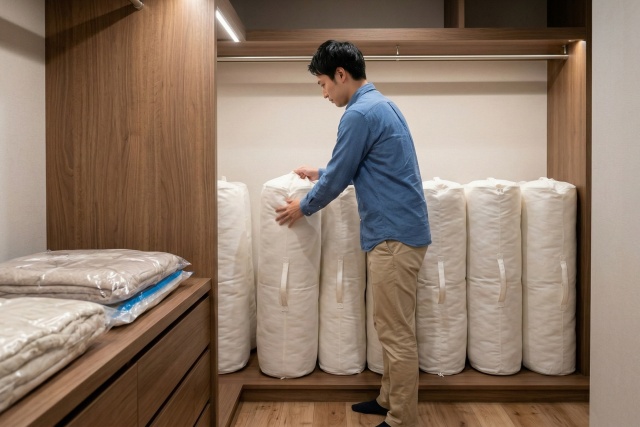 布団を立てる収納術と圧縮袋の活用法